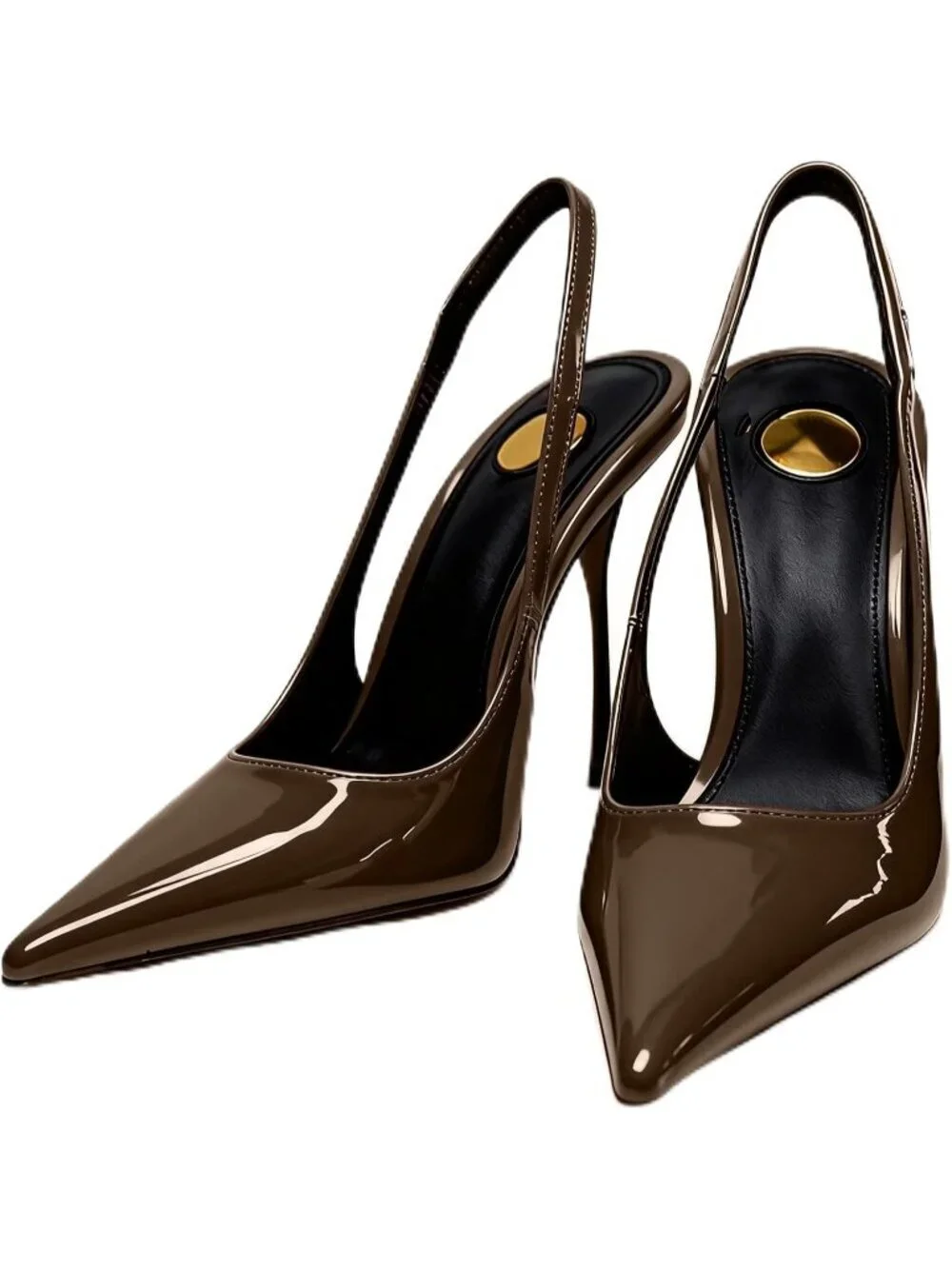 Women’s Brown Pointed Toe Slingback Pumps Patent Leather Stiletto Heel Shoes
